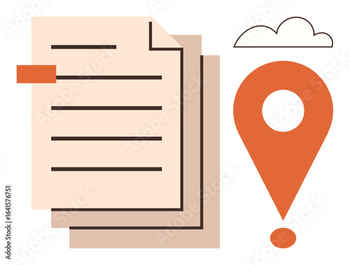 Stacked documents beside an orange geolocation marker and cloud icon. Ideal for location, organization, report, data sharing, business, planning, communication. Simple flat metaphor