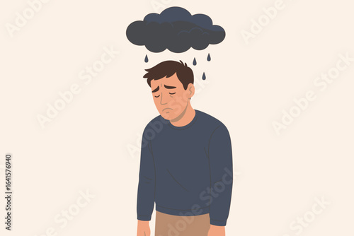 Depressed man under dark cloud vector illustration. Mental health issues, sadness, negative thoughts, stress, melancholy, psychological distress, emotional struggle, depression awareness concept