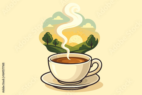 Steaming Cup of Morning Tea with Sunrise Landscape, Relaxation and Tranquility, Nature Scene in a Cup, Fresh Start to the Day, Tea Break Concept, Hot Beverage, Serene Vector Illustration