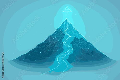 Digital Futuristic Mountain Pathway to Success—Glowing Trail Up Polygonal Mountaintop, Technology Achievement, Ascend, Innovation, Leadership, Advancement, Goal, Conceptual Vector Illustration