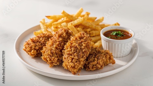 Crispy chicken tenders coated in cornflake crumbs with a side of fries