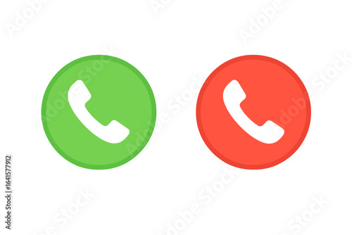 Green and red phone call buttons vector illustration. Accept and decline call icons. Communication interface symbols. Incoming outgoing call concept. Mobile UI elements. Transparent background design.