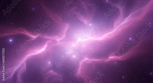 Abstract cosmic nebula display of swirling, vibrant purple and pink hues.