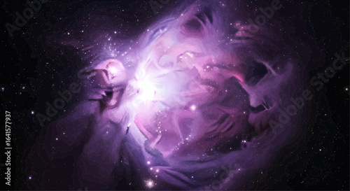 A vibrant purple nebula swirls in the vast darkness of space, its ethereal forms resembling celestial figures.