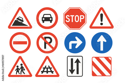 Road Traffic Signs and Symbols Set. Printable Vector Illustration. Warning, Regulatory, Informational, Directional Road Signs Collection. Transparent Background. Safety, Driving, Transport Concepts