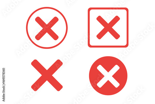 Red Cross Mark Icon Set. Flat Vector Cancel Symbols. Circle and Square Cross Button Icons. Error, Close, Wrong, Delete, Remove, Rejection, Denied UI Elements, Transparent Vector Illustration