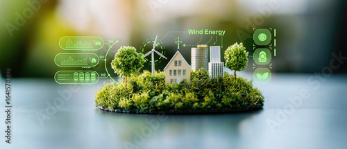 Fototapeta Naklejka Na Ścianę i Meble -  Miniature eco city model with wind turbines, trees, and futuristic green energy data interface, symbolizing renewable power, urban sustainability, and smart environmental planning for a cleaner future