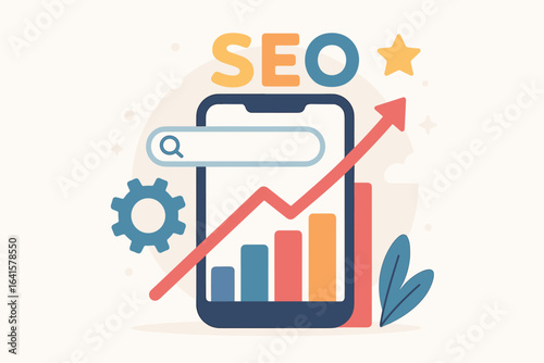 SEO optimization growth mobile illustration. Vector concept of search engine marketing success, analytics, upward trend, chart, gear, bar graph, smartphone, flat business digital strategy