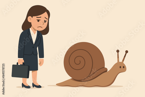 Businesswoman frustrated with slow work progress next to large snail, concept of career stagnation, lack of motivation, burnout, unproductive office environment, deadline delays, workplace boredom