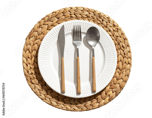 Set of Biodegradable Fork, Knife, and Spoon on White Plate with Woven Placemat, Top-Down View, isolated on transparent background