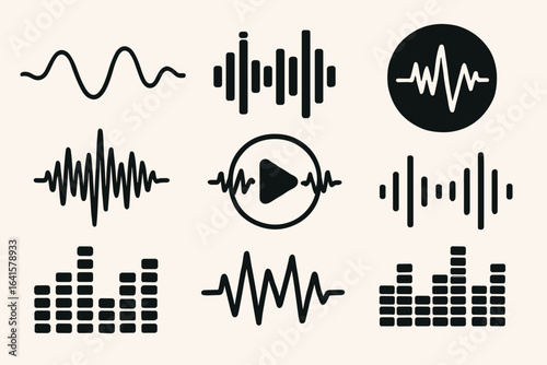 Sound wave and audio spectrum vector icons set. Collection of music frequency equalizer, waveform, and recording symbols. Black simple silhouettes for podcast, radio, streaming, DJ, voice, media app.