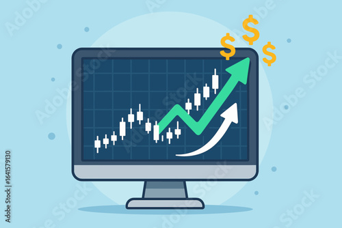 Stock market trading growth, computer monitor with candlestick chart, upward profit arrow, success in financial investing, rising prices, bullish economy, blue background, business finance concept