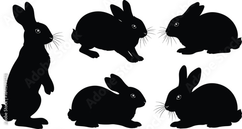 Five black rabbit silhouettes in various poses on a white background bunny