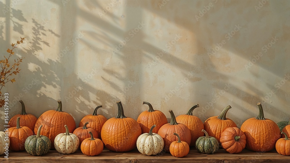 Naklejka premium Seasonal display of mixed pumpkins and gourds on a cozy countryside barn, celebrating autumn's harvest.