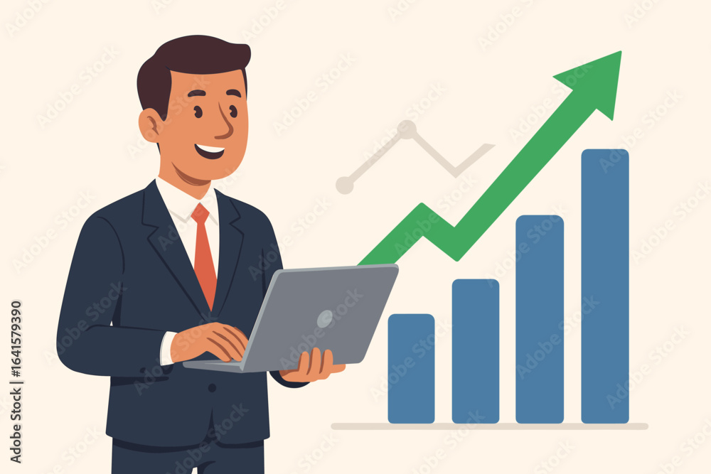 Businessman in Suit with Laptop Analyzing Financial Growth Chart, Upward Green Arrow, Success, Career Progress, Business Analytics, Corporate Achievement, Sales Increase, Flat Vector Illustration Businessman in Suit with Laptop Analyzing Financial Growth Chart, Upward Green Arrow, Success, Career Progress, Business Analytics, Corporate Achievement, Sales Increase, Flat Vector Illustration