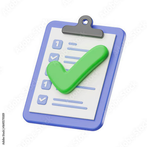 3d Clipboard with checklist and green check mark isolated on transparent background