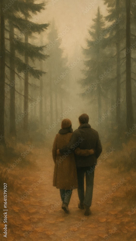 Fototapeta premium Couple walking through misty forest.