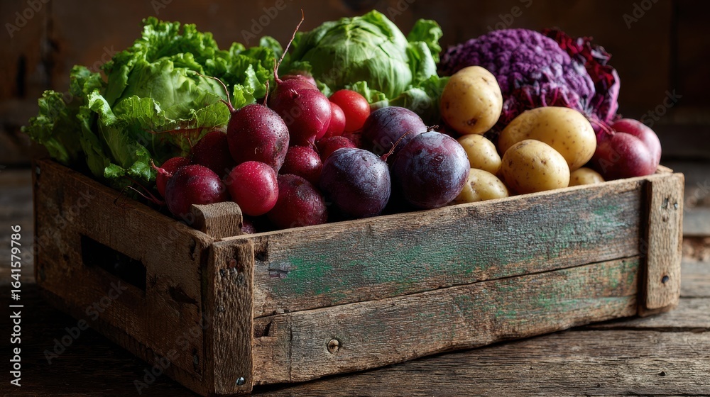 Harvest crate overflowing with organic produce in lush farm setting Harvest crate overflowing with organic produce in lush farm setting