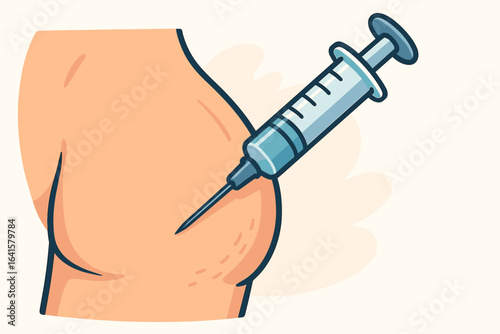 Intramuscular injection in buttocks, vaccine shot, syringe with needle, close-up, immunization, medicine, healthcare, gluteal muscle injection, cartoon medical vector illustration