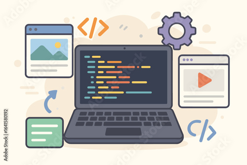 Web Development and Programming Concept Vector Illustration. Laptop Computer with Colorful Code, Webpage Elements, Gear for Settings, Image, Video, and Text Representing Website Building and Design