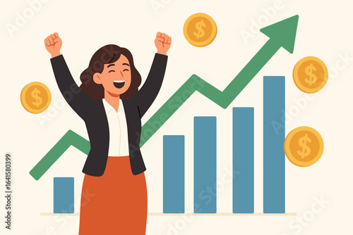 Successful businesswoman celebrating financial growth, profit increase, upward chart, economic achievement, revenue boost, rising sales, investment success, wealth, earnings, bar graph, flat design