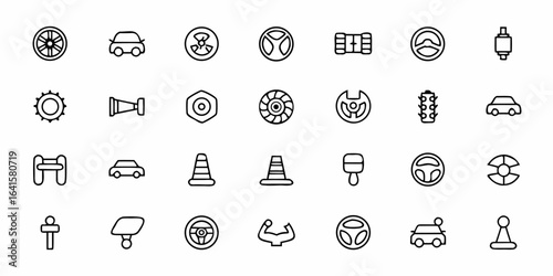 A detailed icon pack representing common car parts and aftermarket accessories. Ideal for e-commerce stores, repair catalogs, and auto part packaging
