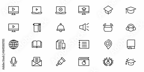 A modern collection of clean line art icons representing online education, digital courses, and virtual learning tools. Perfect for e-learning platforms, school websites, course marketplaces, and educ