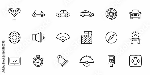 A modern, clean icon set representing professional auto diagnostics and technical services. Great for automotive repair websites, car manuals, and mobile service apps