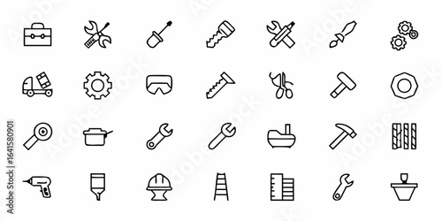 A practical collection of minimalist line art icons depicting repair tools, maintenance activities, and skilled craftsmanship. Perfect for handyman services, maintenance companies, and DIY platforms