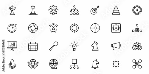 A refined icon collection representing strategic planning, resource management, and operational efficiency. Ideal for strategic consulting, business plans, and operational audits