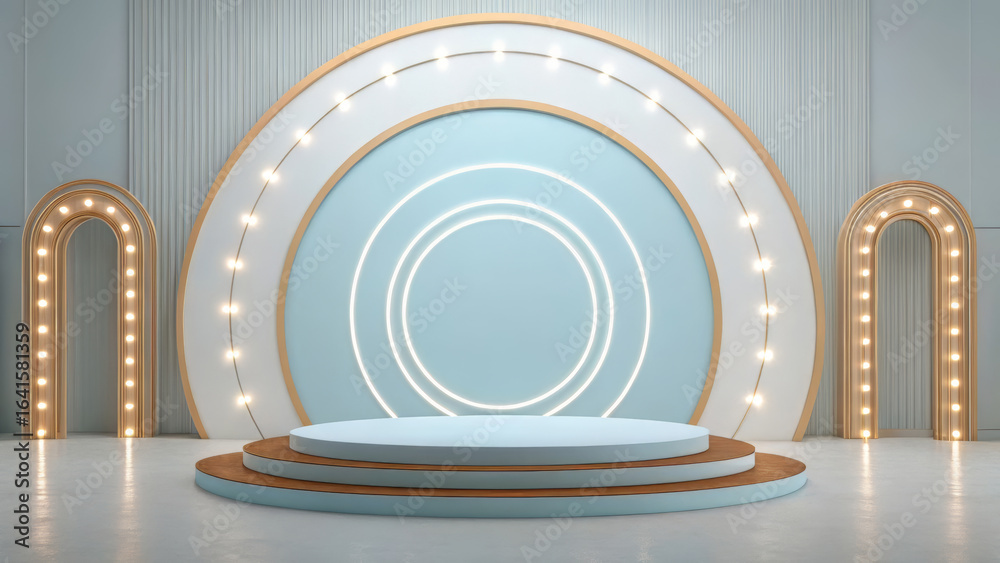 Fototapeta premium Stylish stage with arched lighting frames and a layered podium, creating a chic ambiance