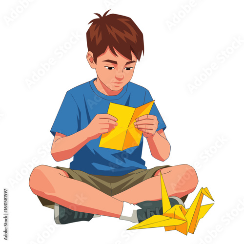 A focused young boy with brown hair sitting crosslegged while folding a yellow paper to create an origami crane.