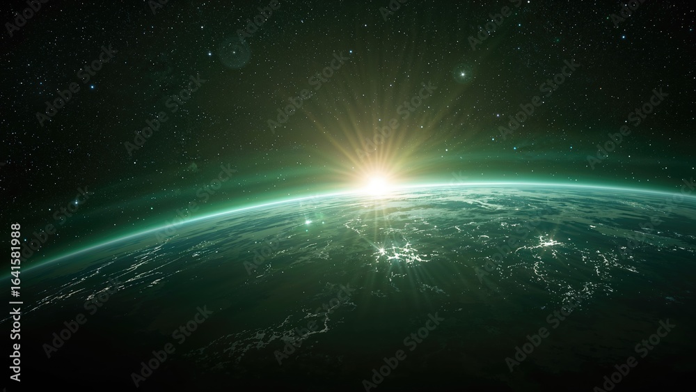 Fototapeta premium Alien world with a lush green atmosphere set against a cosmic backdrop