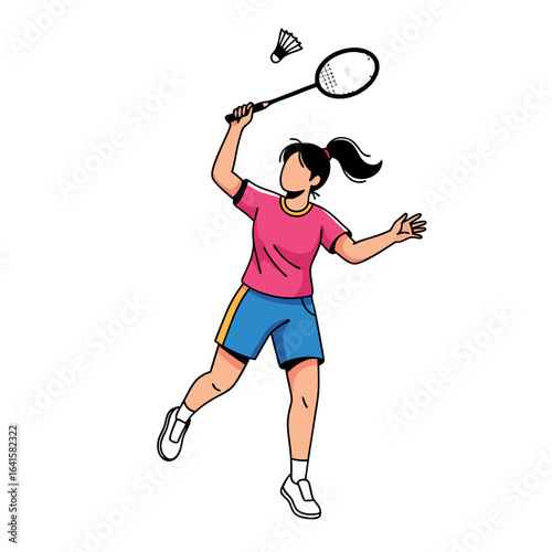 Cartoon woman with a ponytail in sportswear playing badminton jumping to hit the shuttlecock.