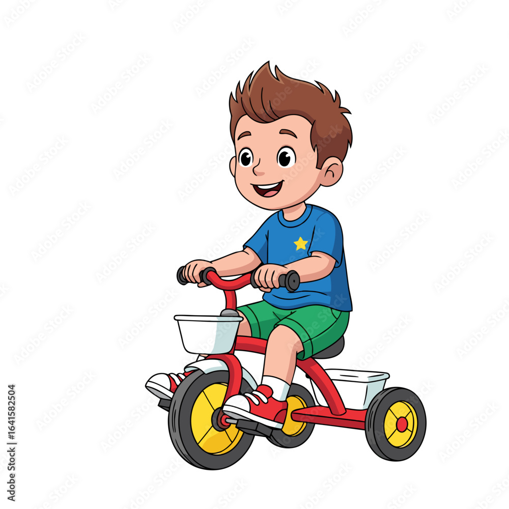 Cheerful cartoon boy with spiky brown hair and red highlights riding a bright red tricycle with a happy smile. Cheerful cartoon boy with spiky brown hair and red highlights riding a bright red tricycle with a happy smile.