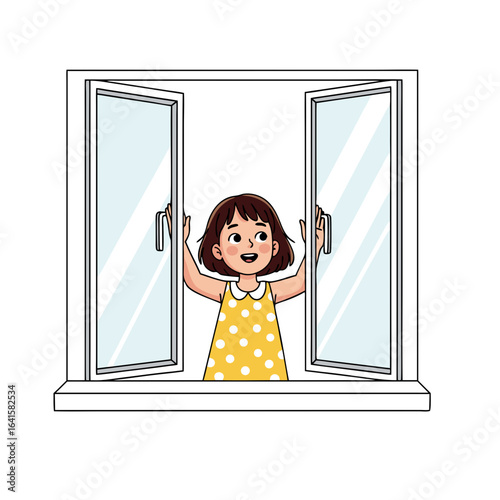 Cheerful cartoon girl in a yellow polkadot dress happily opening a white window looking outside with a smile.