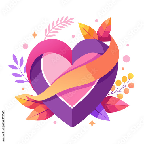 Gradient Heart Ribbon with Abstract Flowers – Minimalist World Cancer Day Vector Illustration Isolated on White