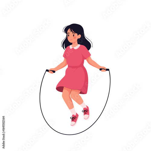 Cheerful cartoon girl with dark hair in a pink dress and sneakers happily jumping with a skipping rope.