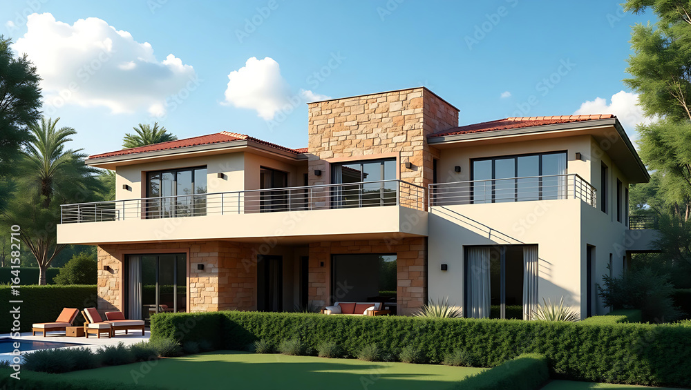 Stunning villa exterior surrounded by lush gardens and scenic views Stunning villa exterior surrounded by lush gardens and scenic views