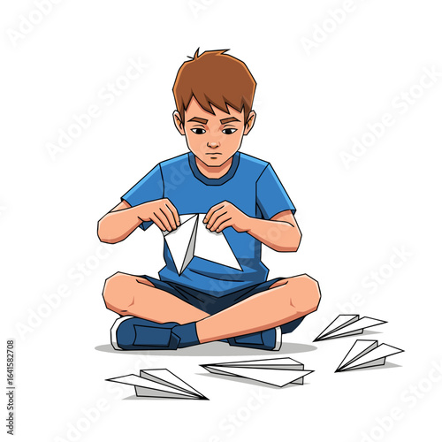 Concentrated cartoon boy in a blue shirt sitting crosslegged folding a white paper airplane with red outlines.