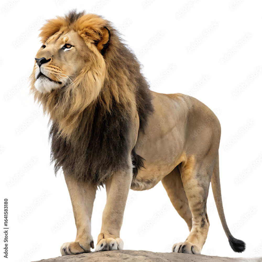 Obraz premium Majestic male lion standing proudly against a stark black background showcasing its powerful build and magnificent mane
