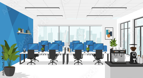 Modern open-plan office with workstations, coffee station, and city skyline view