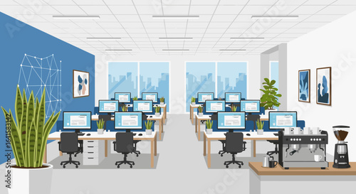 Modern office interior with workstations, plants, and coffee machine, bright and productive atmosphere