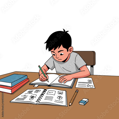 Focused Boy Concentrating on Schoolwork with Open Notebook.