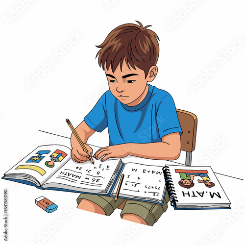 Focused young boy in a blue shirt diligently studying and writing in his math notebook.
