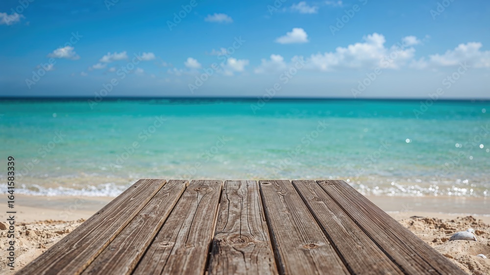 Fototapeta premium Vacant wooden dock facing a sunlit beach and sea