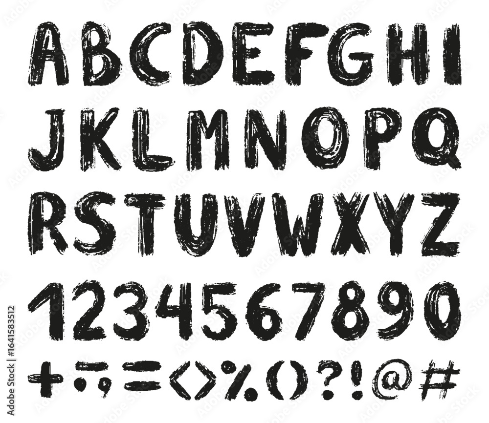 Ink grunge alphabet. Brush drawing roman letters, numbers and punctuation marks. Ink abc design set for banners, posters, cards, neoteric vector elements Ink grunge alphabet. Brush drawing roman letters, numbers and punctuation marks. Ink abc design set for banners, posters, cards, neoteric vector elements