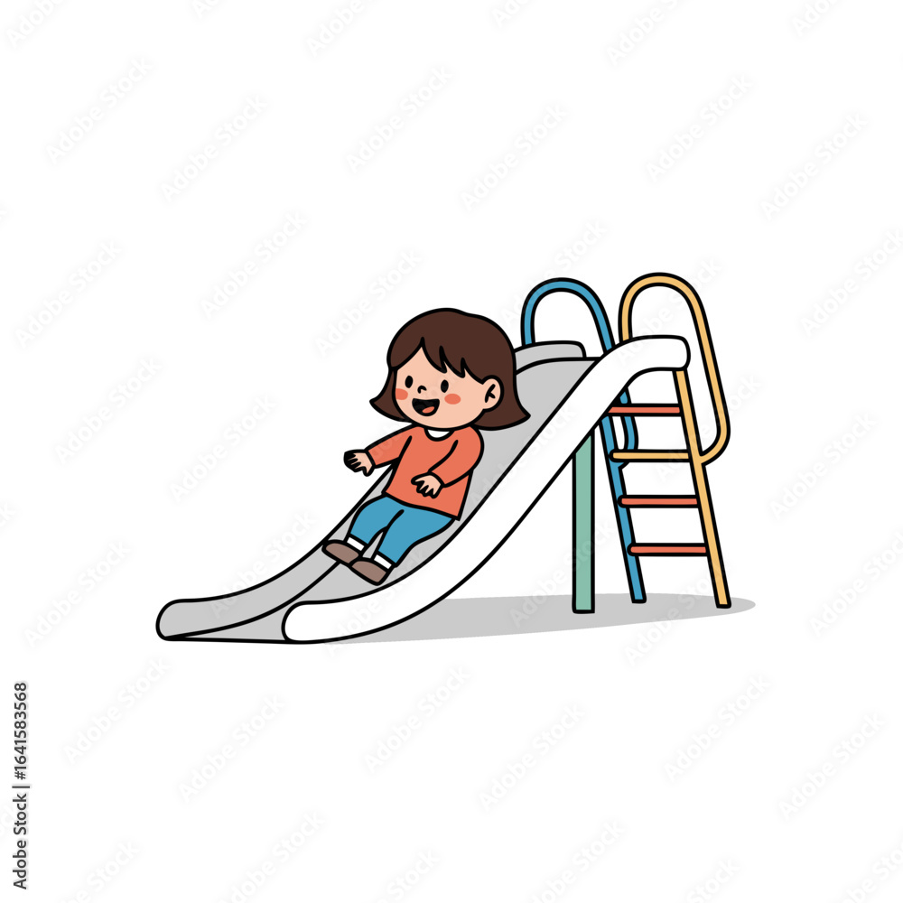 Obraz premium Happy cartoon girl with brown hair sliding down a colorful playground slide.