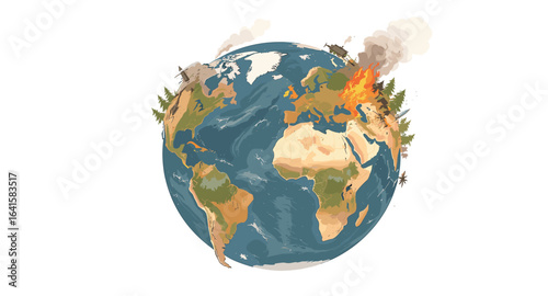 Planet Earth ablaze with conflict, showing war and destruction threatening global peace and stability.