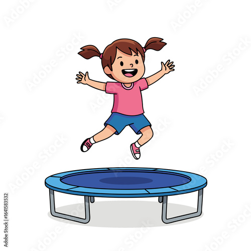Happy cartoon girl with brown pigtails jumping joyfully on a blue mini trampoline.